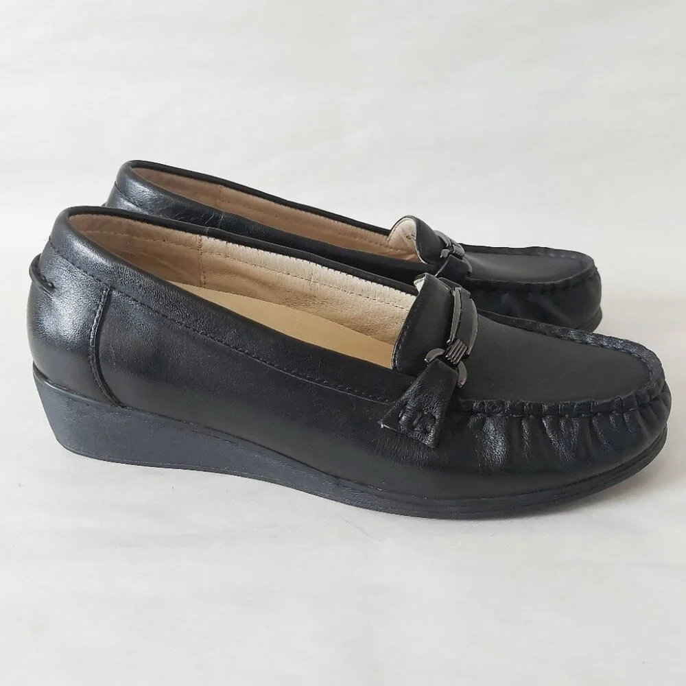 Volks Walkers Women Horse-bit Wedge Loafers 37 EU Black Dressy Comfort Heel
